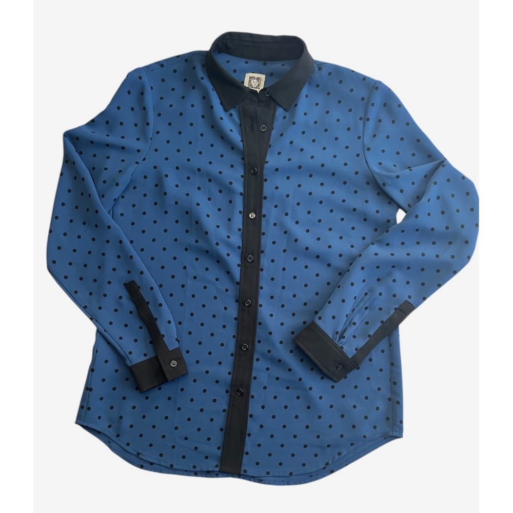 Anne Klein Womens 4 Smokey Blue Button Down Blouse Polka Dot Retro Hipster Shirt